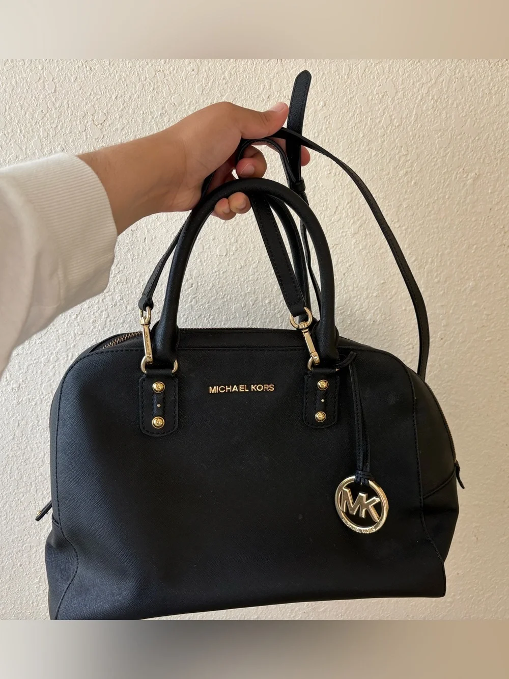 Michael Kors Black Saffiano Dome Satchel with Gold Hardware